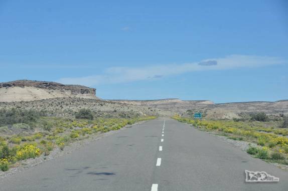 Cenário da estrada cortando as longas extensões patagônicas, do interior rumo aos Andes, na Argentina